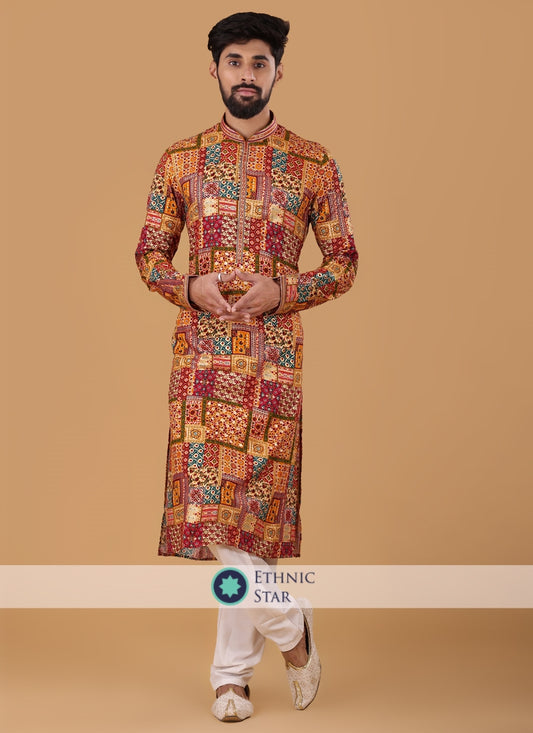 Multi Print Art Silk Kurta Pajama For Wedding