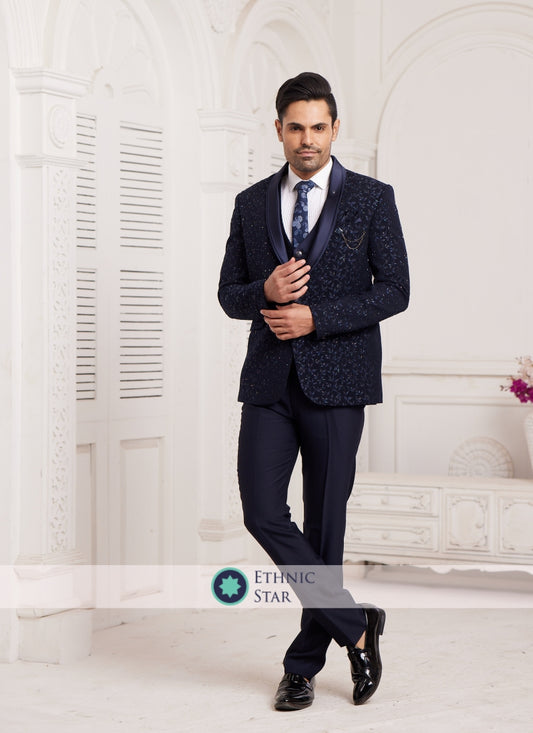 Wedding Wear Imported Fabric Suit In Navy Blue