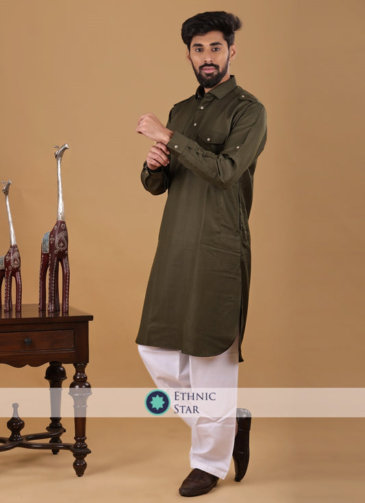 Olive Green Readymade Pathani Suit For Eid
