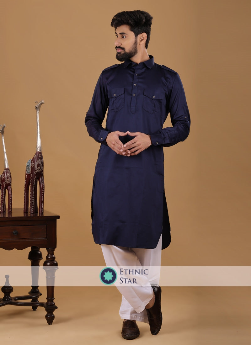 Festive Wear Navy Blue Cotton Pathani Suit