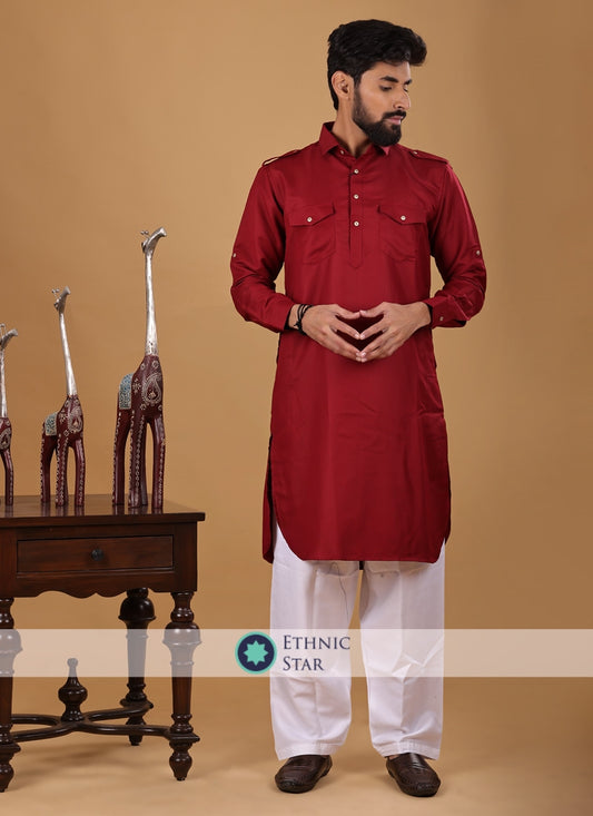 Red Readymade Pathani Suit For Festive