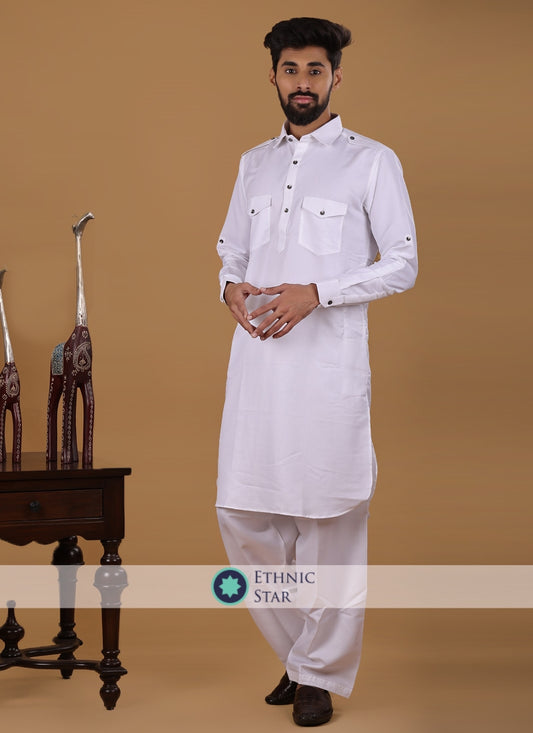 White Eid Special Cotton Pathani Suit