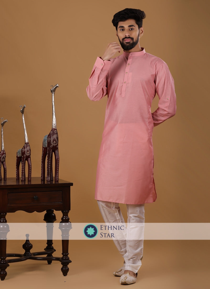 Mens Wear Pink Cotton Kurta Pajama