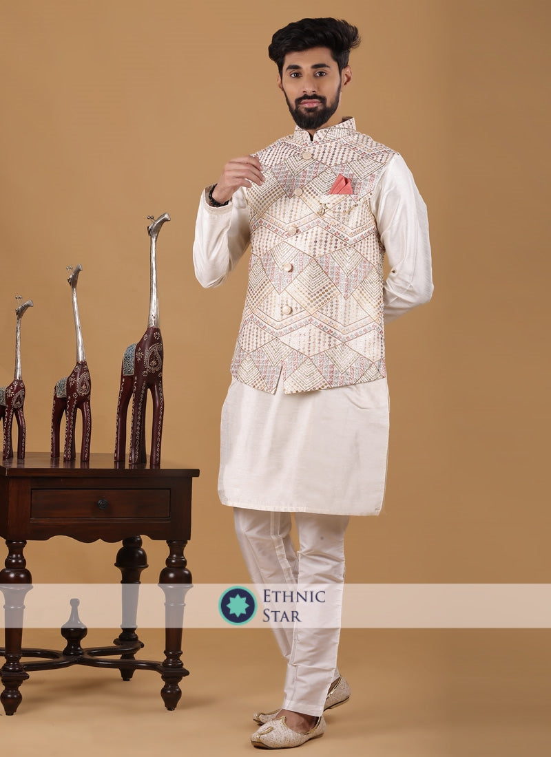 Embroiderd Nehru Jacket Suit In Art Silk