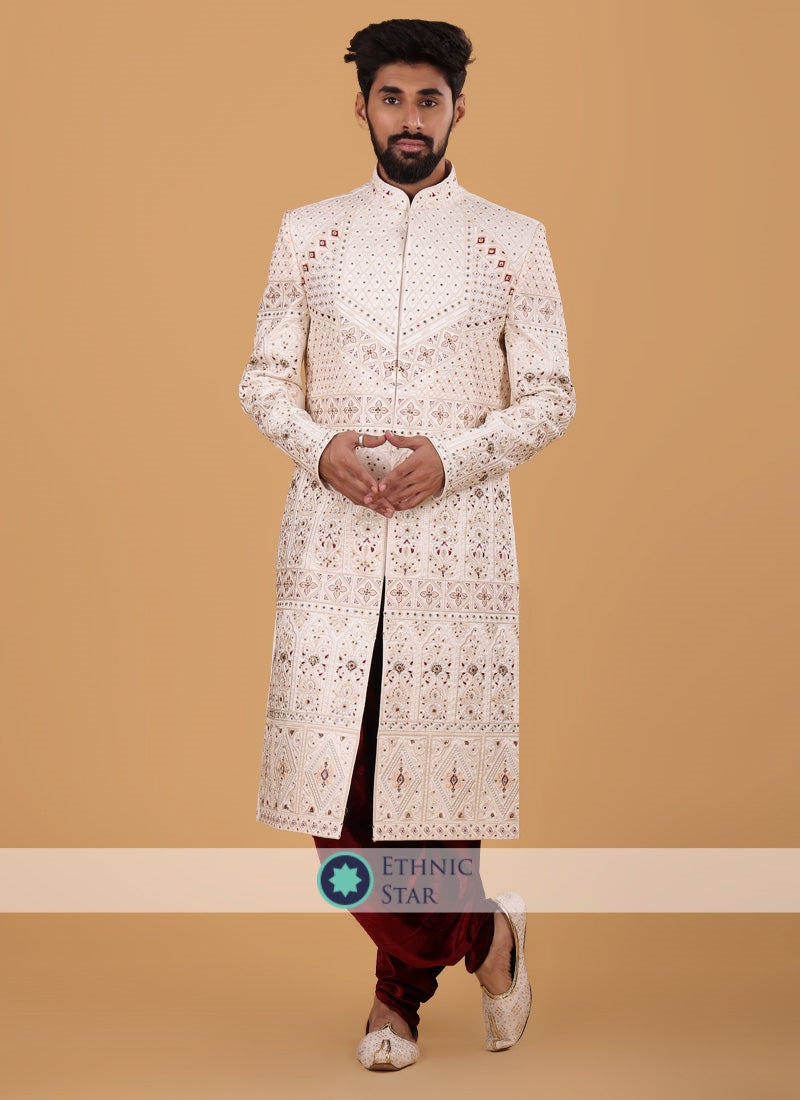 Art Silk White And Maroon Sherwani