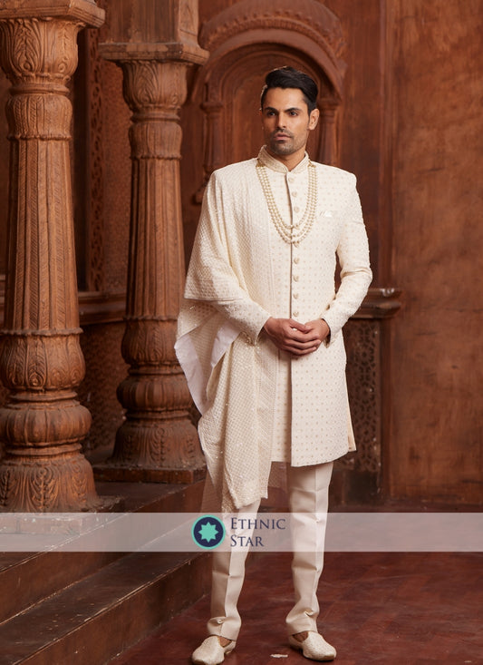 Off White Wedding Wear Silk Sherwani