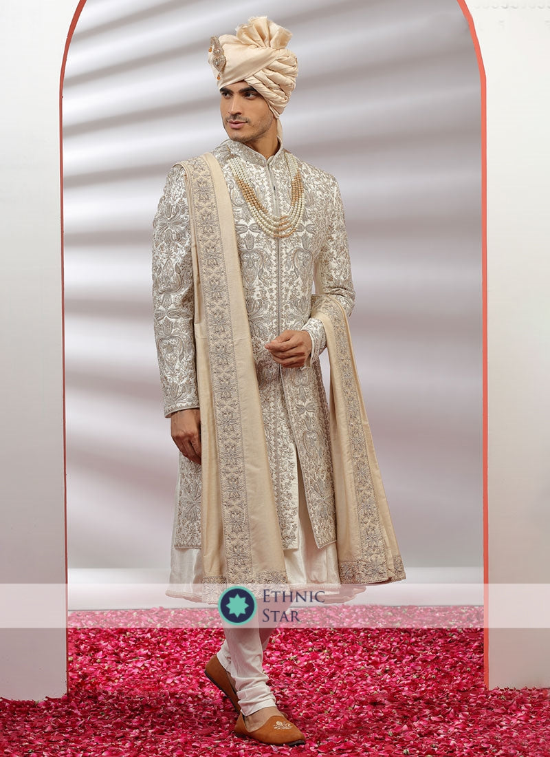 Silk Embroidered Off White Sherwani With Dupatta