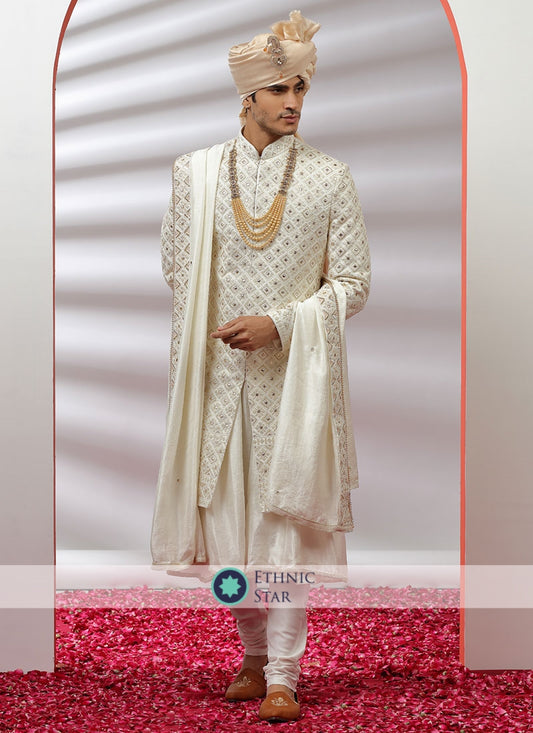 Silk Wedding Wear Embroidered Off White Sherwani