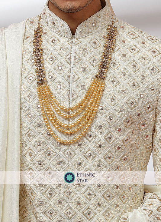 Silk Wedding Wear Embroidered Off White Sherwani