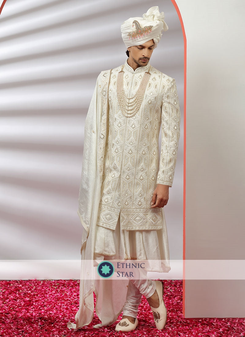 Silk Embroidered Off White Color Sherwani