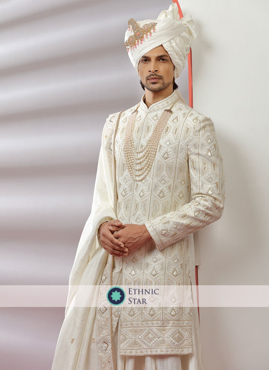 Silk Embroidered Off White Color Sherwani