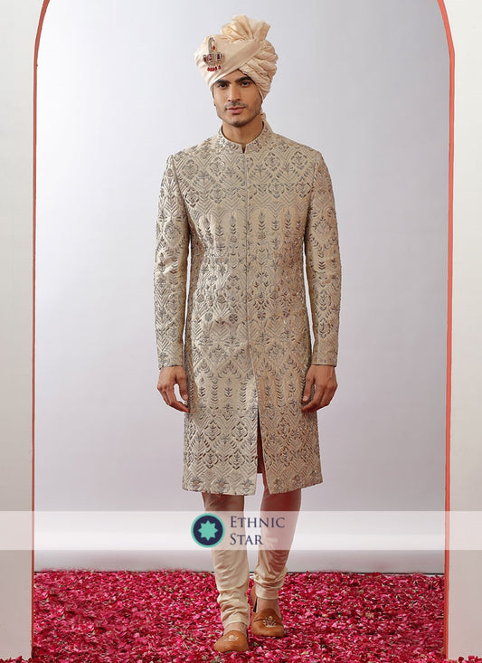 Zardosi Embroidered Golden Sherwani With Dupatta