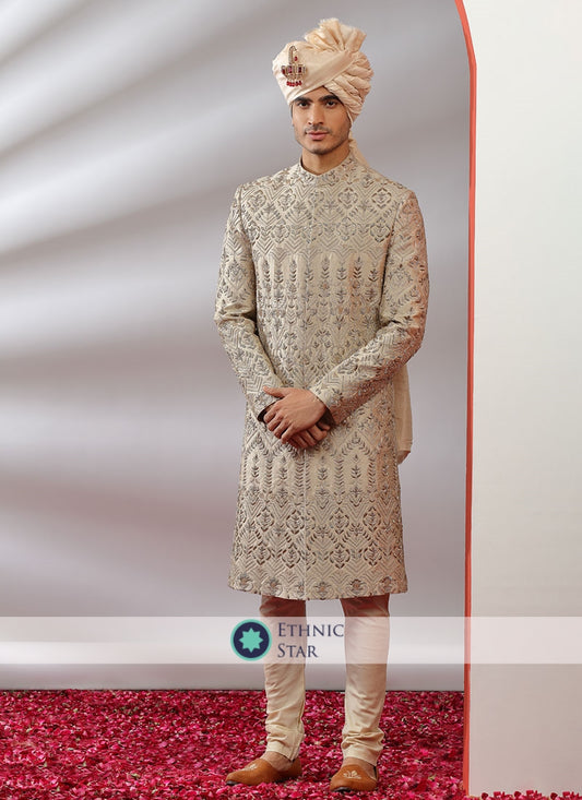 Zardosi Embroidered Golden Sherwani With Dupatta