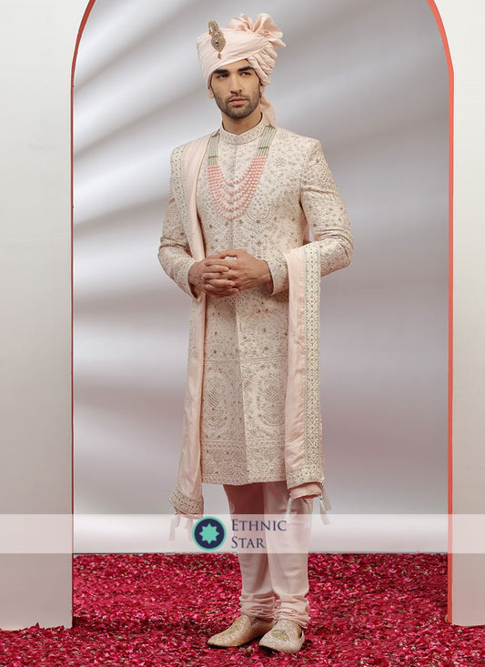 Attractive Groom Embroidered Golden Peach Sherwani