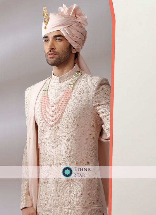 Attractive Groom Embroidered Golden Peach Sherwani