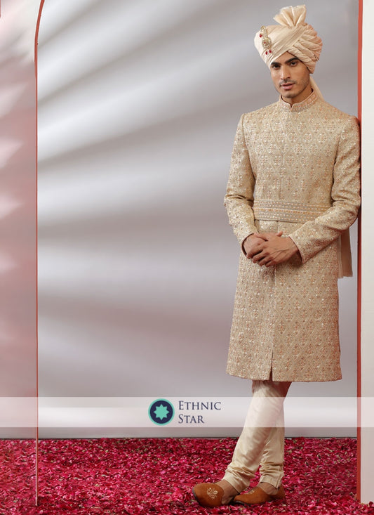 Golden Embroidered Sherwani For Wedding