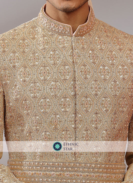 Golden Embroidered Sherwani For Wedding