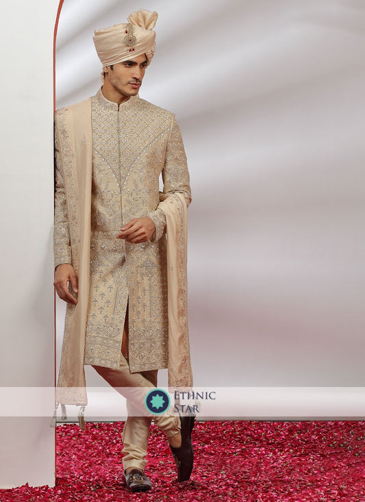 Designer Embroidered Silk Sherwani In Golden