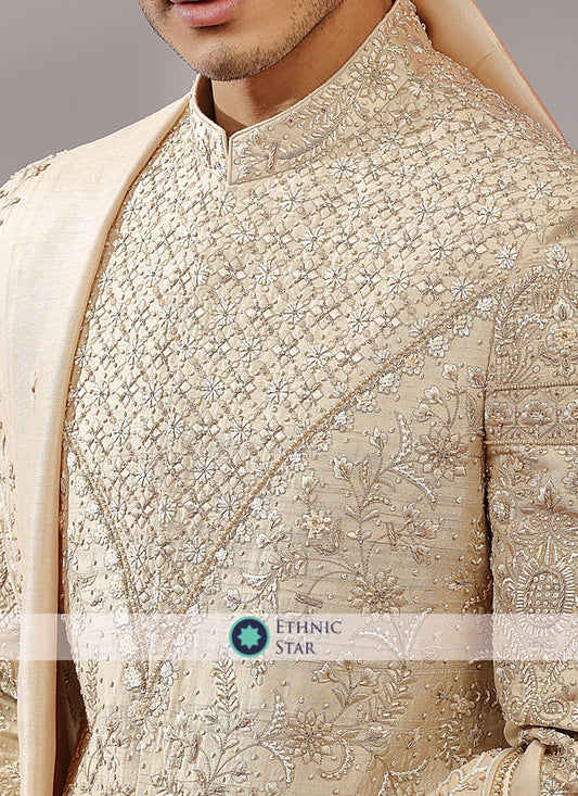 Designer Embroidered Silk Sherwani In Golden