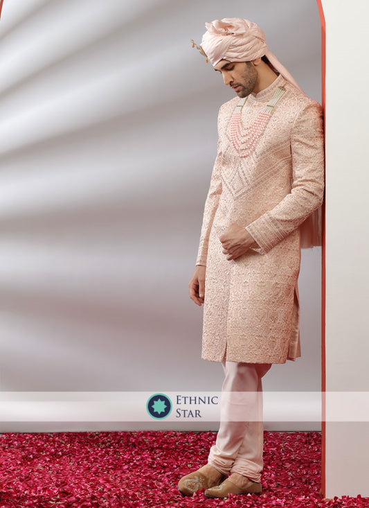 Designer Silk Sherwani In Peach Cream