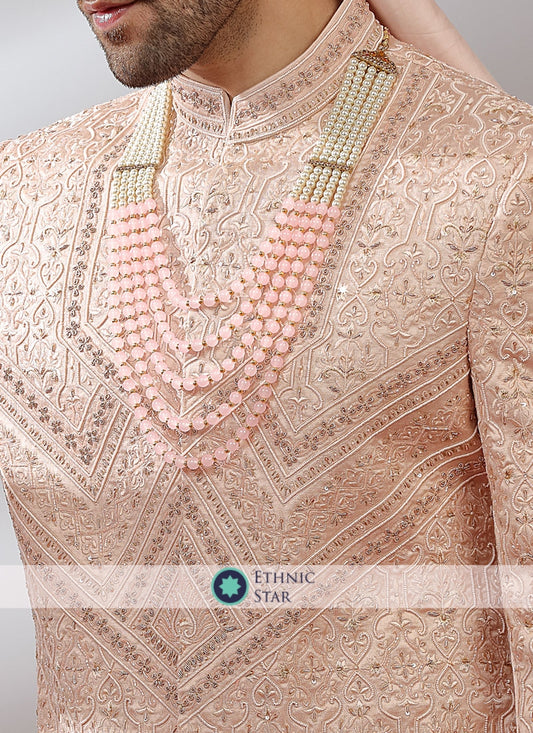 Designer Silk Sherwani In Peach Cream