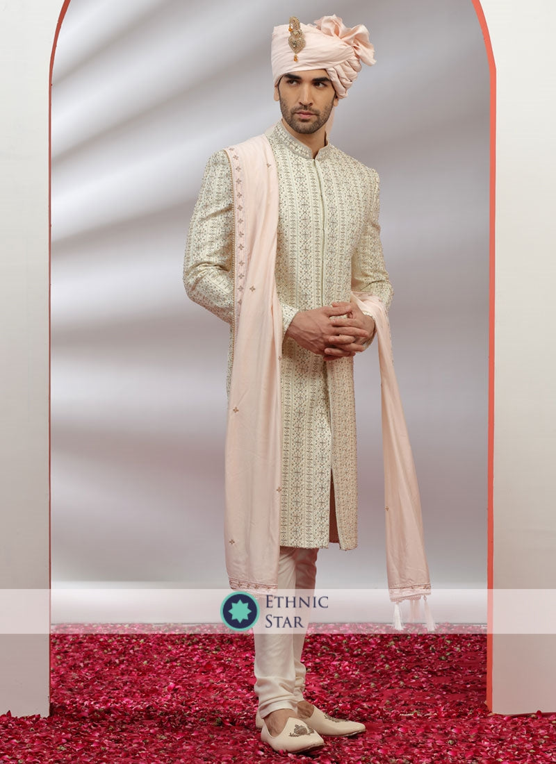 Groom Wear Silk Sherwani In Cream Color