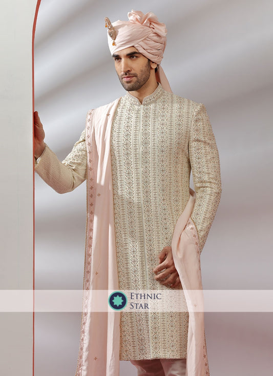 Groom Wear Silk Sherwani In Cream Color