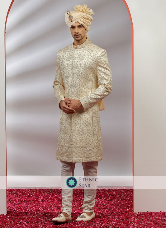 Stylish Cream Wedding Wear Sherwani For Men