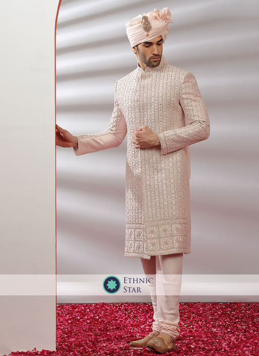 Peach Wedding Wear Sherwani For Men