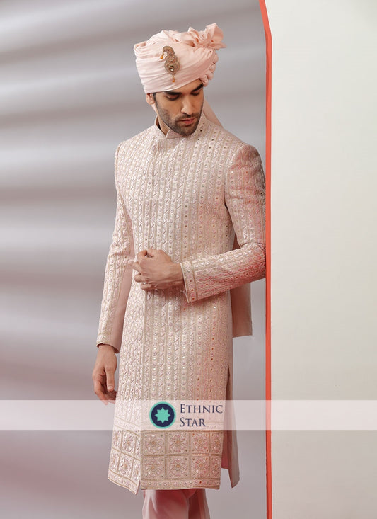 Peach Wedding Wear Sherwani For Men