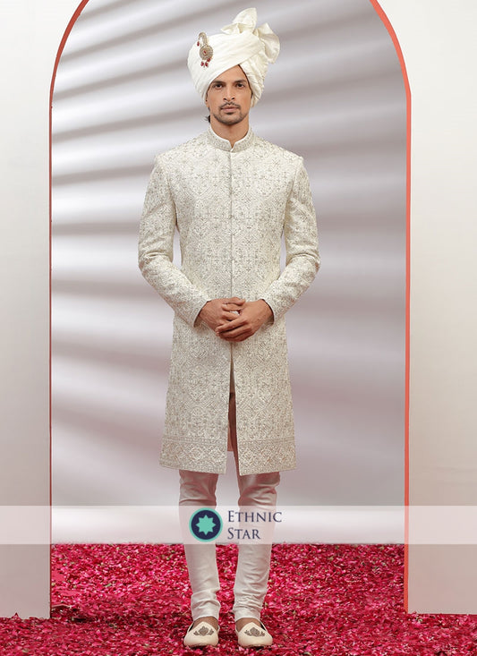 Cream Silk Sherwani In Embroidery Work