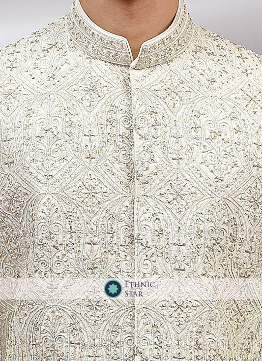 Cream Silk Sherwani In Embroidery Work