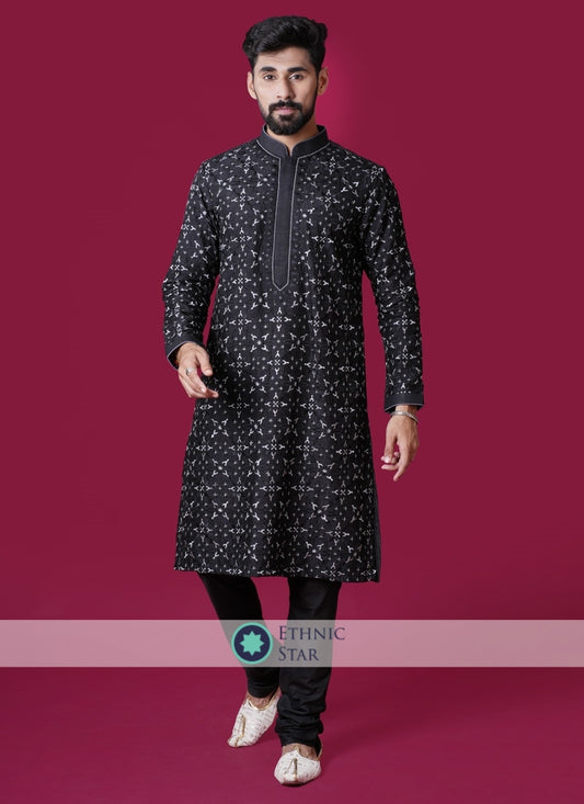 Black Color Pure Silk Thread Wok Kurta Pajama