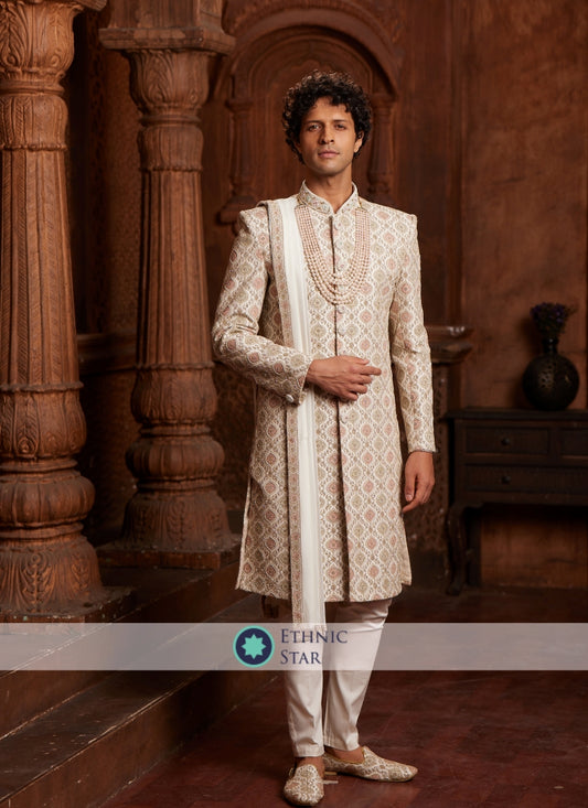 Readymade Off White Silk Sherwani With Embroidered Work