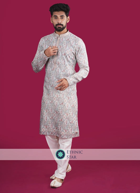 Fancy Printed White Cotton Silk Mens Kurta Pajama