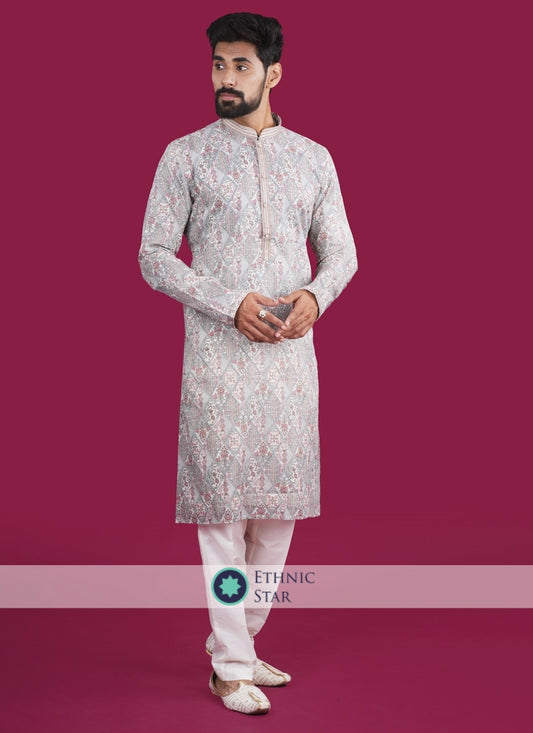 Fancy Printed White Cotton Silk Mens Kurta Pajama