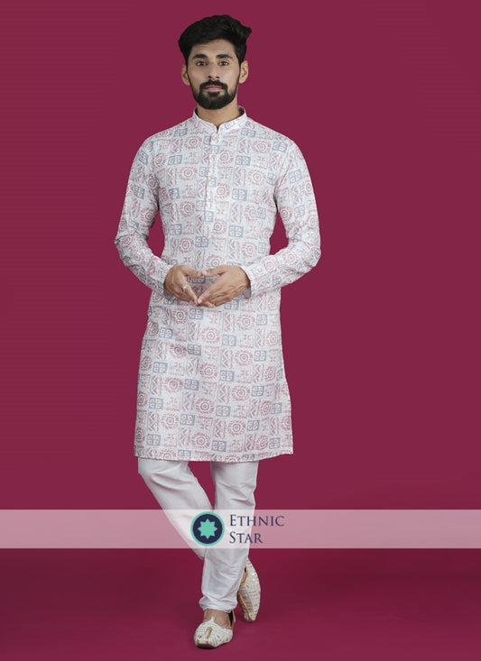 White Color Readymade Printed Kurta Pajama