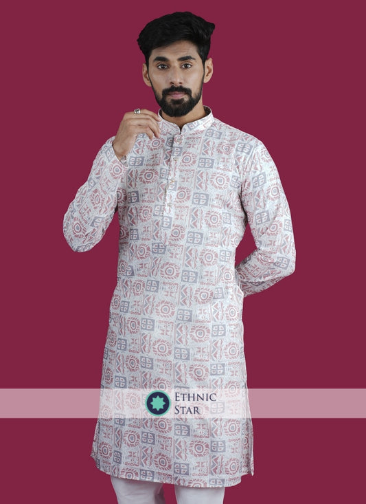 White Color Readymade Printed Kurta Pajama