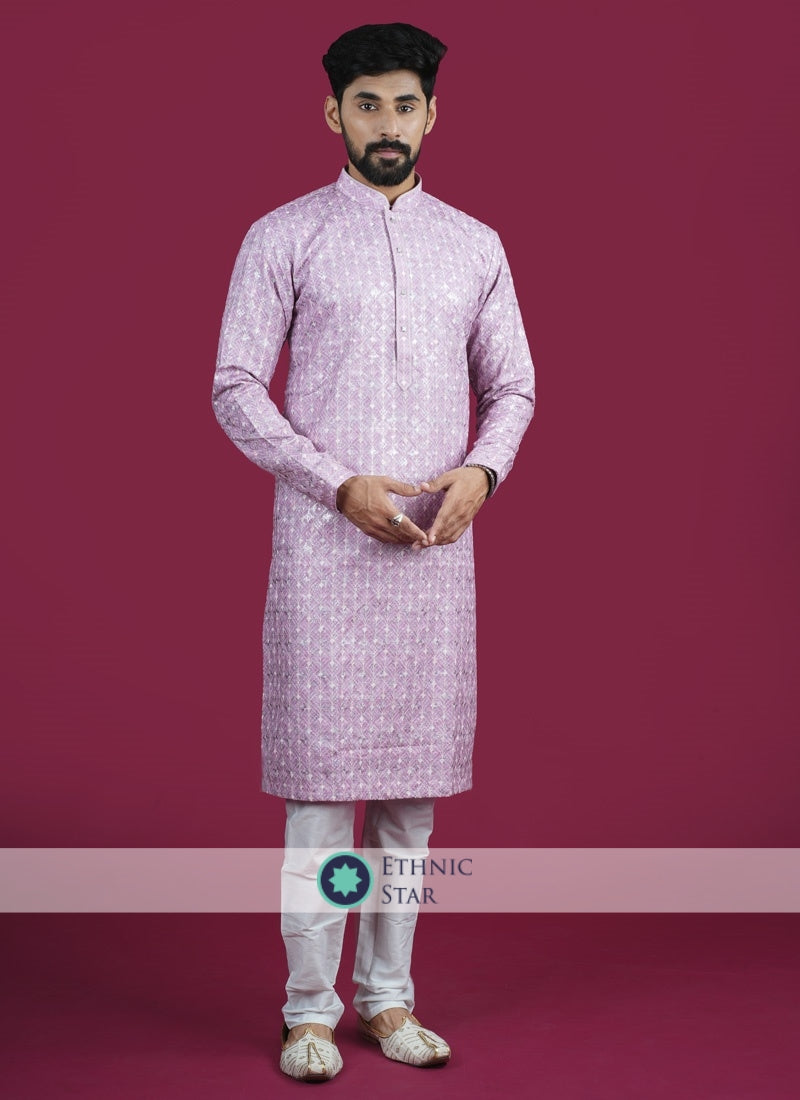 Pink And White Georgette Kurta Pajama For Festive