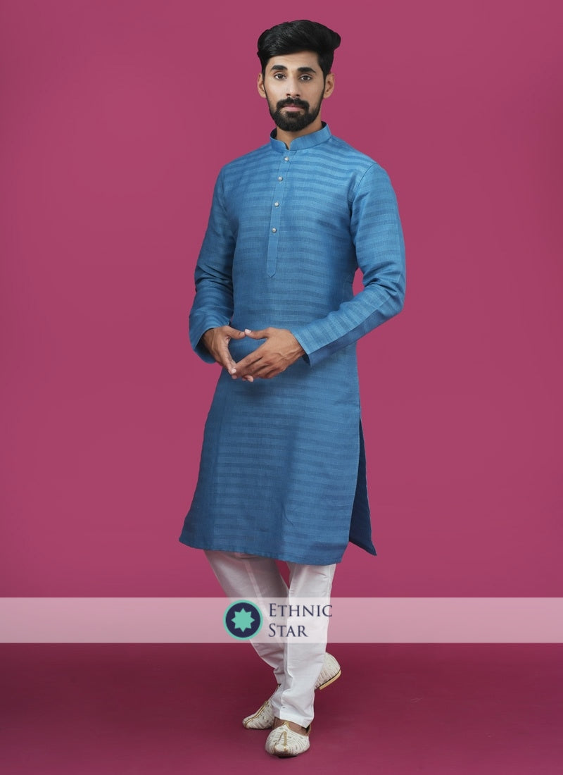 Blue Cotton Silk Kurta Pajama For Men