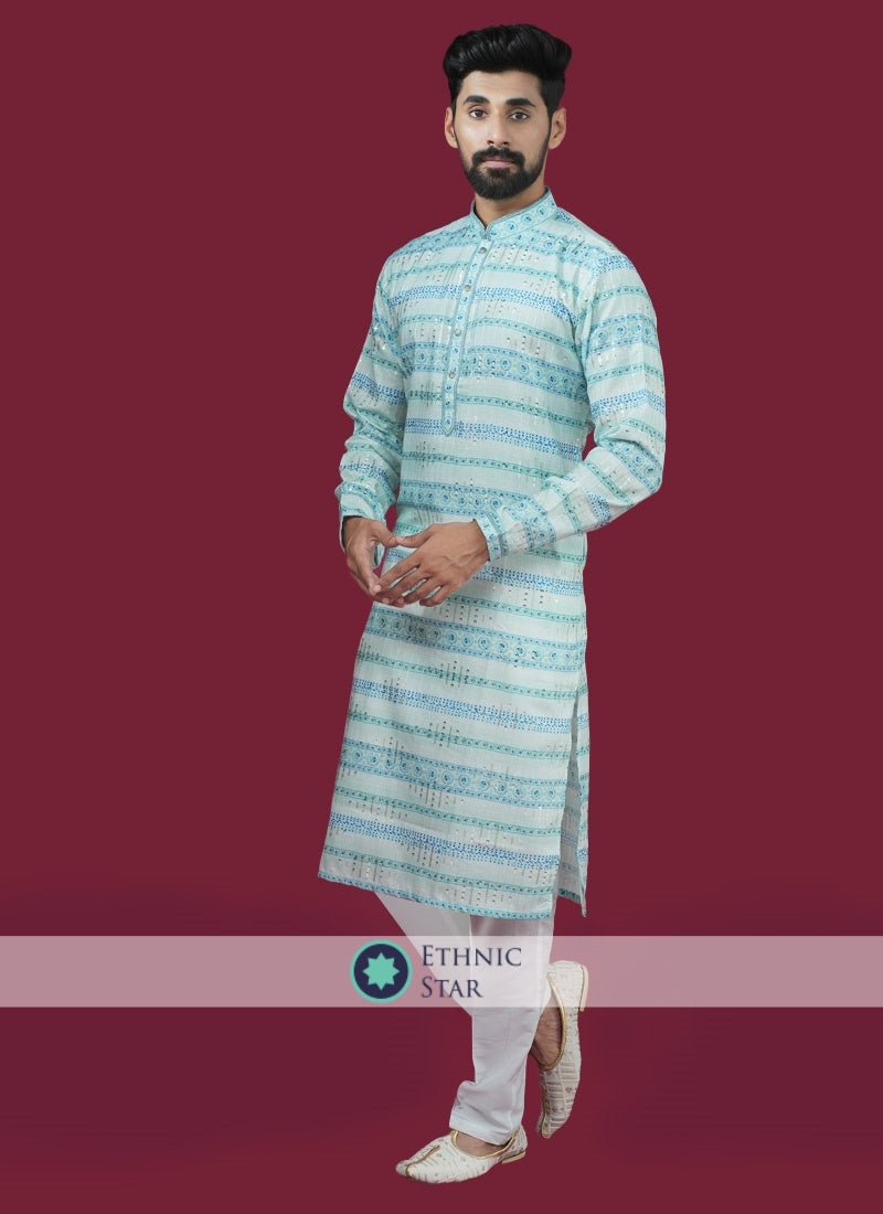 Designer Sky Blue Color Cotton Silk Kurta Pajama