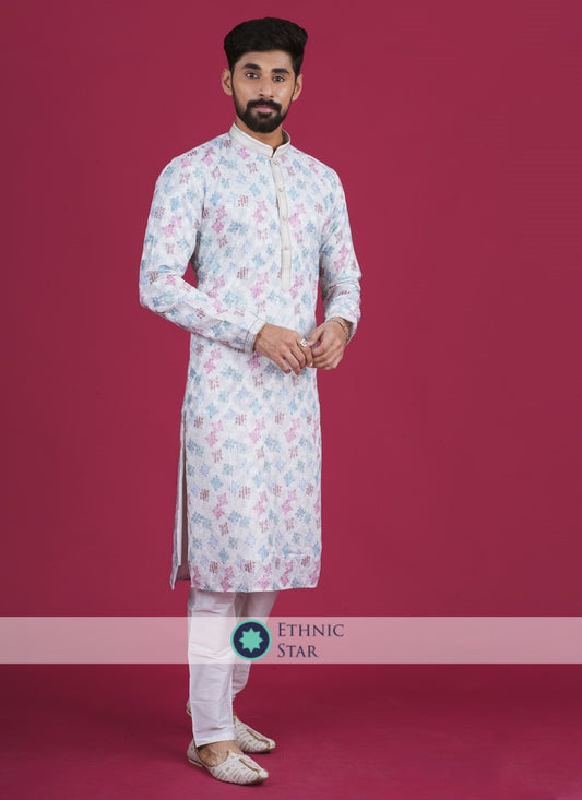 Floral Printed White Cotton Kurta Pajama