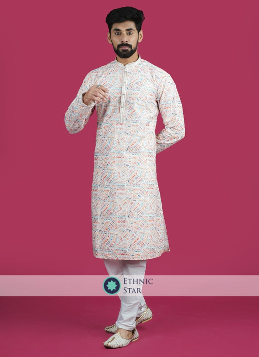 White Cotton Thread Work Mens Kurta Pajama