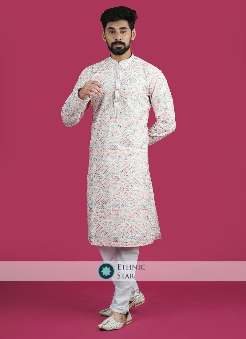 White Cotton Thread Work Mens Kurta Pajama