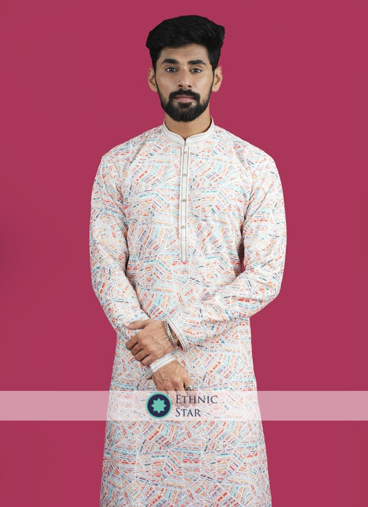 White Cotton Thread Work Mens Kurta Pajama