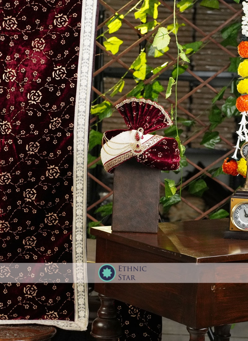 Dark Maroon Groom Wear Safa And Dupatta