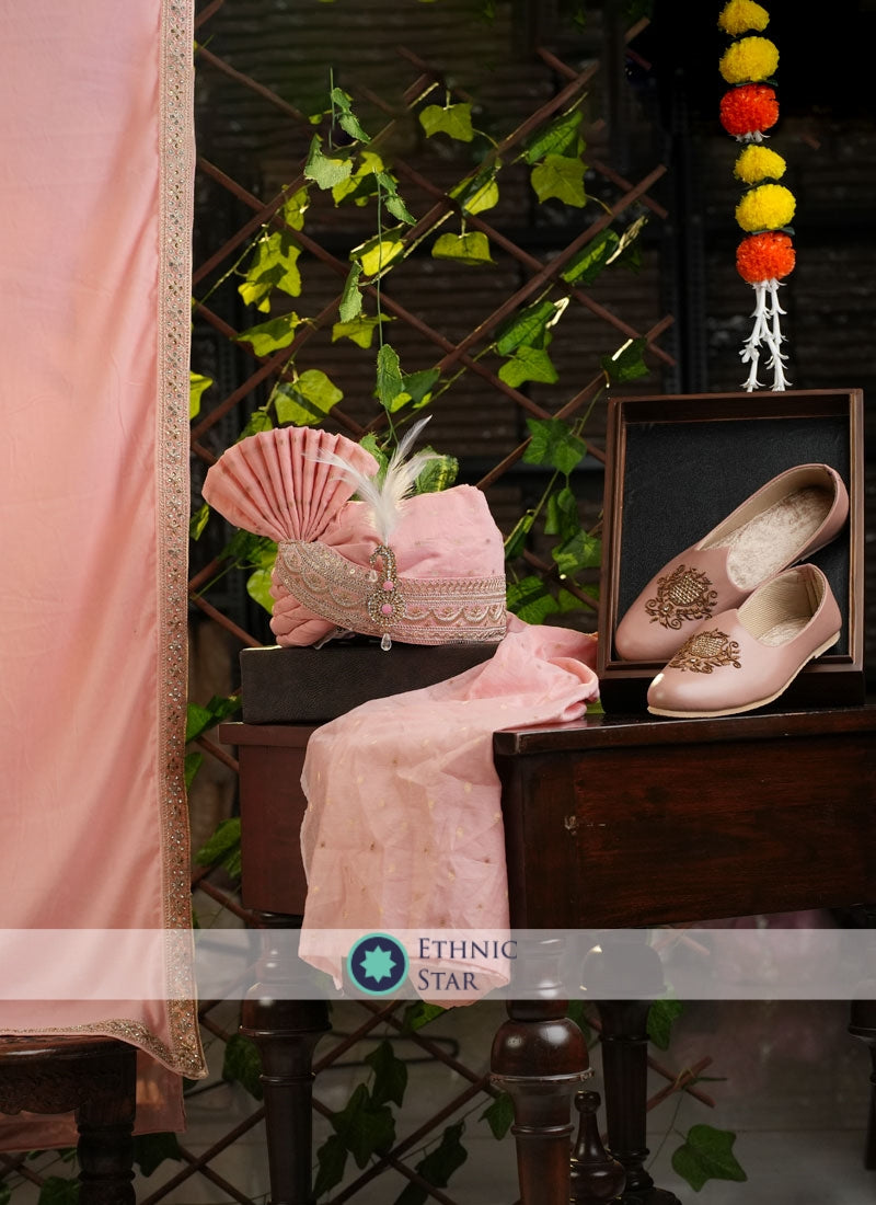 Peach Velvet Safa, Mojari And Dupatta