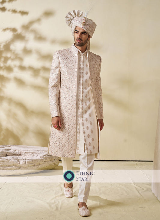 Off White Silk Fabric Two Layers Sherwani