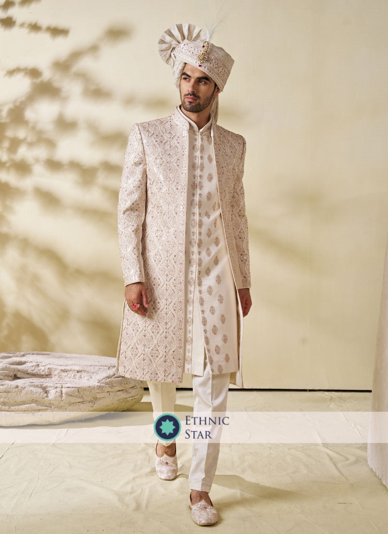 Off White Silk Fabric Two Layers Sherwani