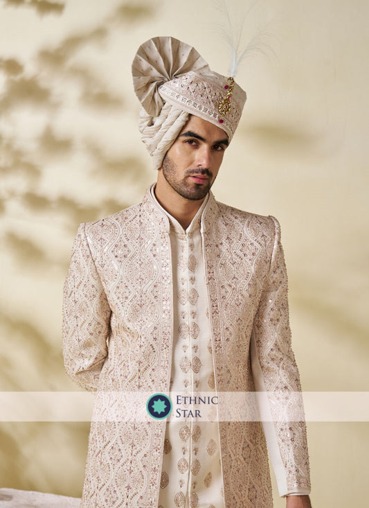 Off White Silk Fabric Two Layers Sherwani